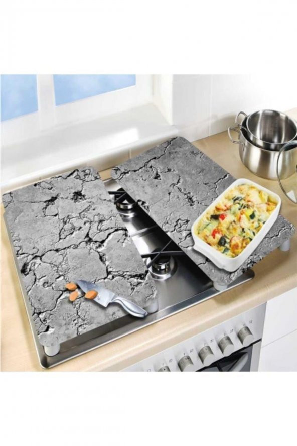 Dekoratif Cam Ocak Koruyucu Ve Kesim Tahtası Gri Taş 60cm X 52cm 2 Parça, 4lü Ocaklar - Resim 4
