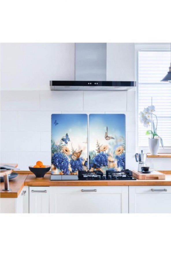 2 li 30x52 cm Kelebek Desenli Cam Kesim Tablası ve Ocak Koruyucu