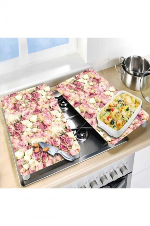 Dekoratif Cam Ocak Koruyucu Ve Kesim Tahtası Açık Pembe Güller 60cm X 52cm 2 Parça, 4lü Ocaklar - 2