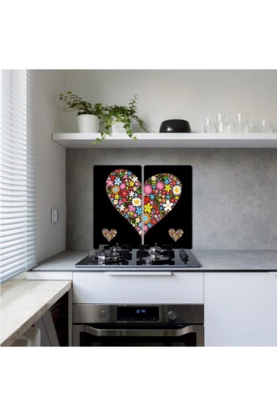 2'li 30x52cm Takım - Siyah Kalp - Ocak Koruyucu - Cam Kesme Tahtası ürün görseli 1