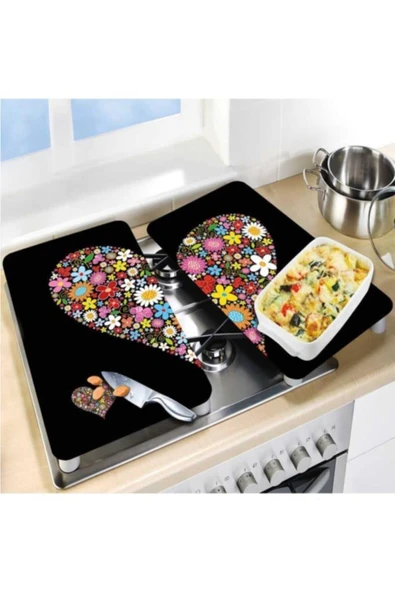 2'li 30x52cm Takım - Siyah Kalp - Ocak Koruyucu - Cam Kesme Tahtası - Resim 2