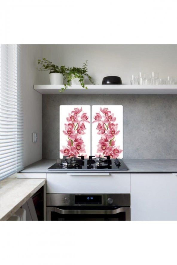 Dekoratif Cam Ocak Koruyucu Ve Kesim Tahtası Pembe Orkide 60cm X 52cm 2 Parça, 4lü Ocaklar