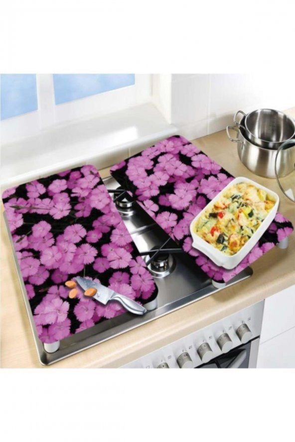 Dekoratif Cam Ocak Koruyucu Ve Kesim Tahtası Çoklu Mor Çiçekler 60cm X 52cm 2 Parça, 4lü Ocaklar - Resim 2