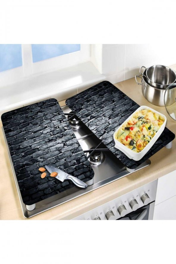 Dekoratif Cam Ocak Koruyucu ve Kesim Tahtası Koyu Taş 60cm x 52cm 2 Parça, 4lü Ocaklar - Resim 3