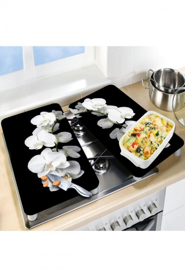 Dekoratif Cam Ocak Koruyucu ve Kesim Tahtası Beyaz Orkide 60cm x 52cm 2 Parça, 4lü Ocaklar - 2