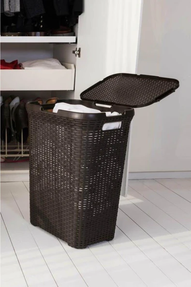 Kahverengi, Plastik Hasır Desenli Kapaklı Çamaşır Sepeti – 55x43x33cm ürün görseli 1