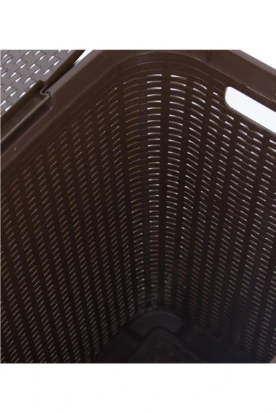 Kahverengi, Plastik Hasır Desenli Kapaklı Çamaşır Sepeti – 55x43x33cm - Resim 2