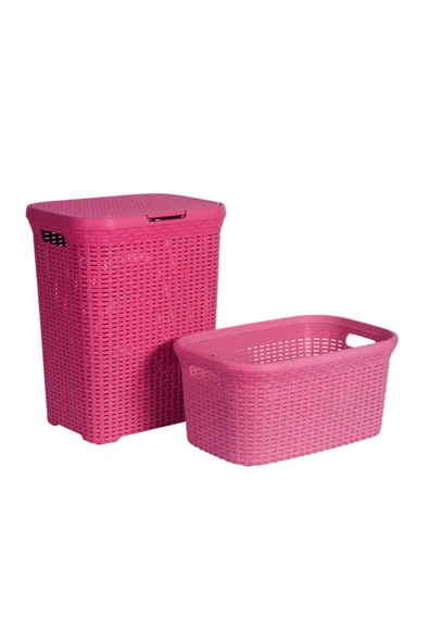 Hasır Desenli Plastik Pembe Çamaşır Sepeti & Pembe Çamaşır Selesi - 1