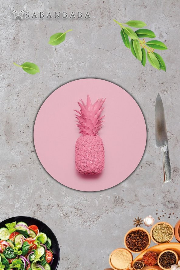 Pembe Ananas Cam Kesme Tahtası - Sunum Tabağı| Çap 20 - Resim 3