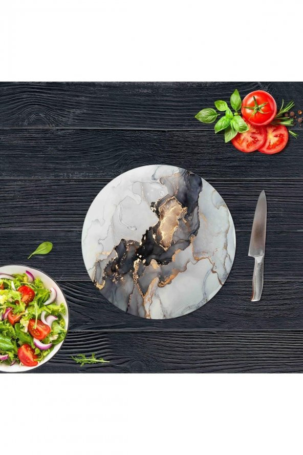 Siyah Yaldızlı Cam Kesme Tahtası - Sunum Tabağı| Çap 20 ürün görseli