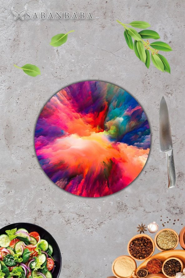 Renkli Odak Cam Kesme Tahtası - Sunum Tabağı| Çap 20 - Resim 3