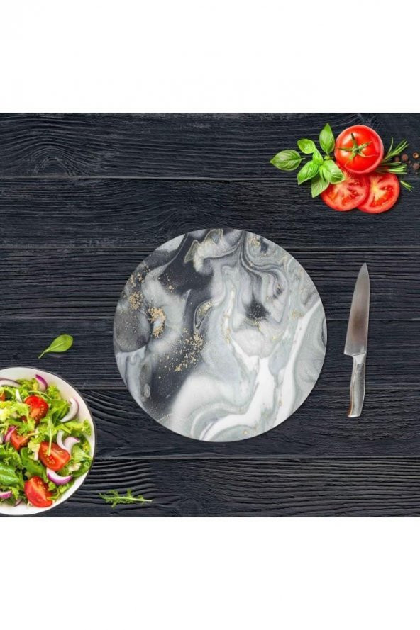 Gri Altın Mermer Cam Kesme Tahtası - Sunum Tabağı| Çap 20 ürün görseli