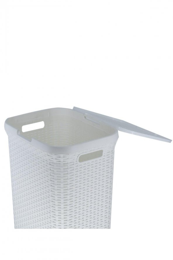 Hasır Desenli Plastik Beyaz Çamaşır Sepeti & Beyaz Çamaşır Selesi - 3