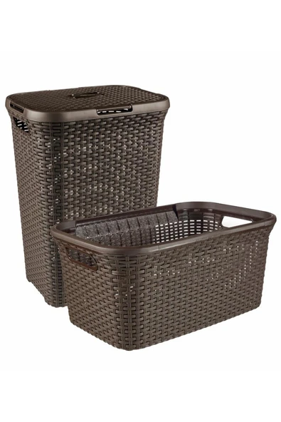 Hasır Desenli Plastik Kahverengi Çamaşır Sepeti  & Kahverengi Çamaşır Selesi - 1