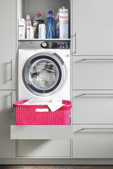 Hasır Desenli Plastik Pembe Çamaşır Sepeti & Pembe Çamaşır Selesi - 5