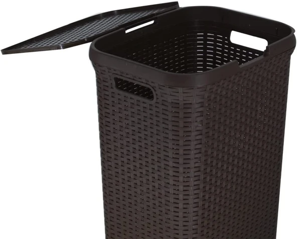 Kahverengi, Plastik Hasır Desenli Kapaklı Çamaşır Sepeti – 55x43x33cm - Resim 3