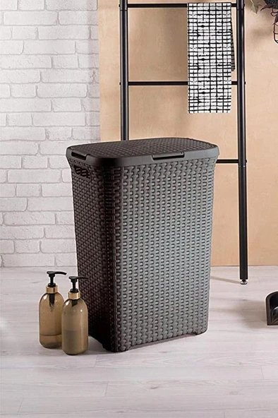 Kahverengi, Plastik Hasır Desenli Kapaklı Çamaşır Sepeti – 55x43x33cm - Resim 4