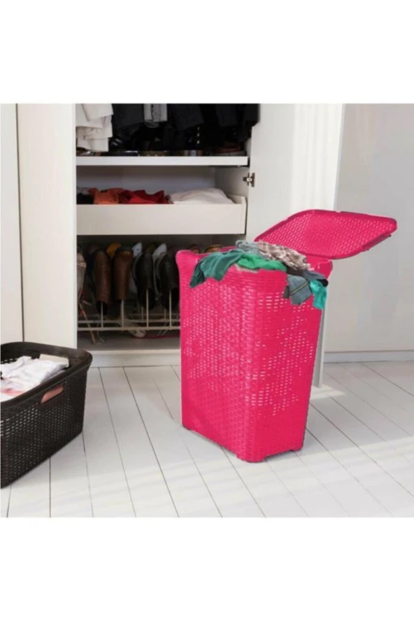 Pembe Hasır Desenli Plastik Çamaşır Sepeti - 1