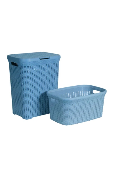 2'li Set Hasır Desenli Plastik Mavi Çamaşır Sepeti & Mavi Çamaşır Selesi ürün görseli 1
