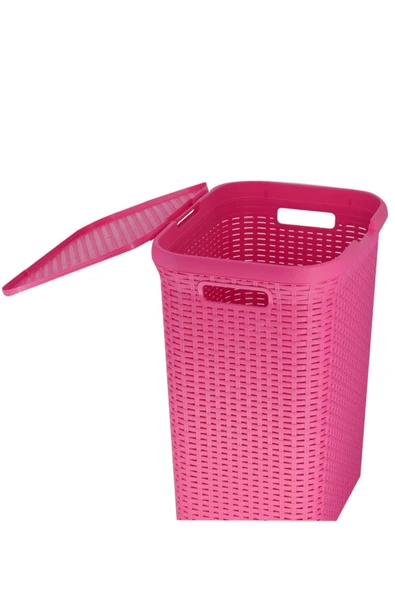 Hasır Desenli Plastik Pembe Çamaşır Sepeti & Pembe Çamaşır Selesi - 4