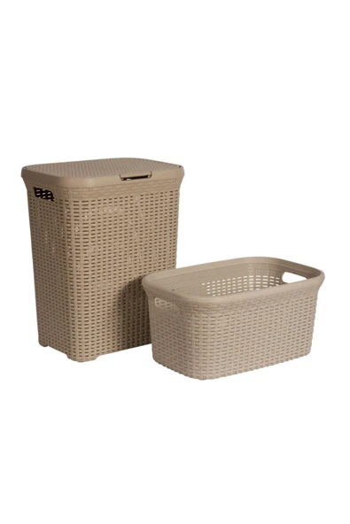 2'li Set Hasır Desenli Plastik Bej Çamaşır Sepeti & Bej Çamaşır Selesi ürün görseli 1