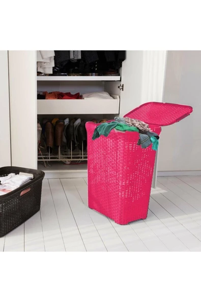 Hasır Desenli Plastik Pembe Çamaşır Sepeti & Pembe Çamaşır Selesi - 2