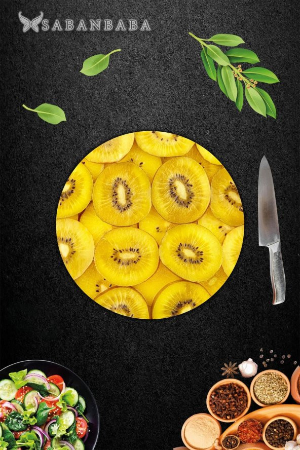 Altın Kivi Cam Kesme Tahtası - Sunum Tabağı| Çap 20 - Resim 2