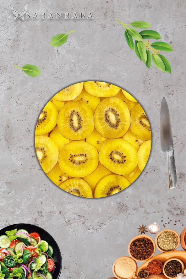 Altın Kivi Cam Kesme Tahtası - Sunum Tabağı| Çap 20 - Resim 3