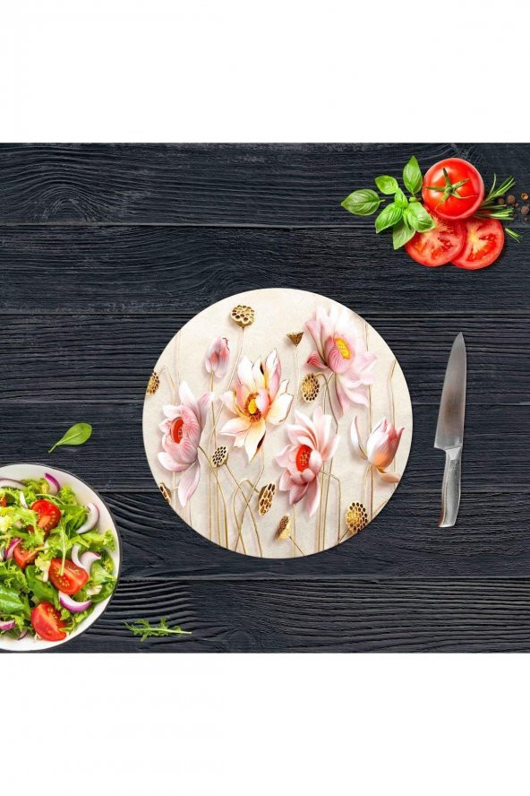 Ballı Çiçekler Cam Kesme Tahtası - Sunum Tabağı| Çap 20 ürün görseli