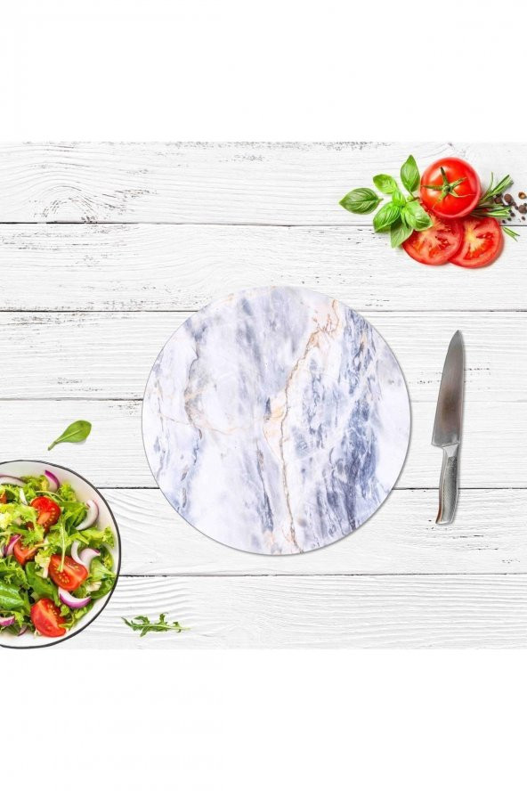 Mavi Mermer Cam Kesme Tahtası - Sunum Tabağı| Çap 20 - Resim 2