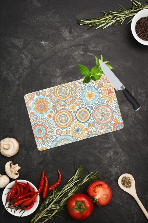 Açık Yuvarlak Mandala Desenli Cam Kesme Tahtası| 20 Cm X 30 Cm ürün görseli