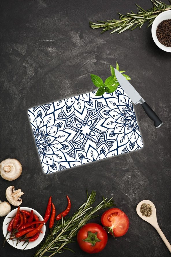 Lacivert Mandala Desenli Cam Kesme Tahtası| 20 Cm X 30 Cm ürün görseli
