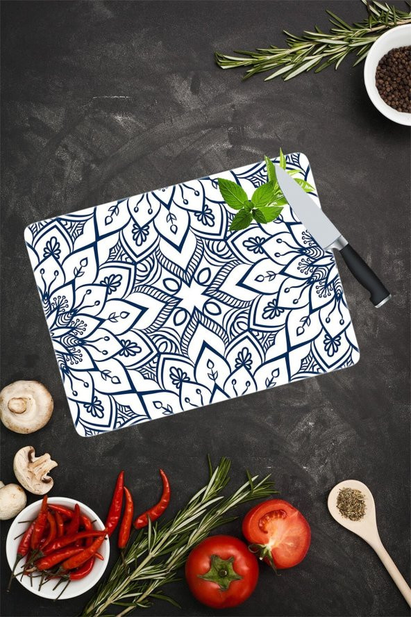 Lacivert Mandala Desenli Cam Kesme Tahtası| 30 Cm X 40 Cm ürün görseli