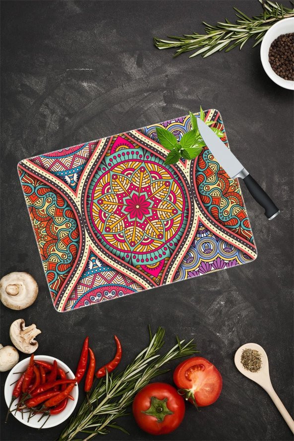 Koyu Yuvarlak Mandala Desenli Cam Kesme Tahtası| 30 Cm X 40 Cm ürün görseli