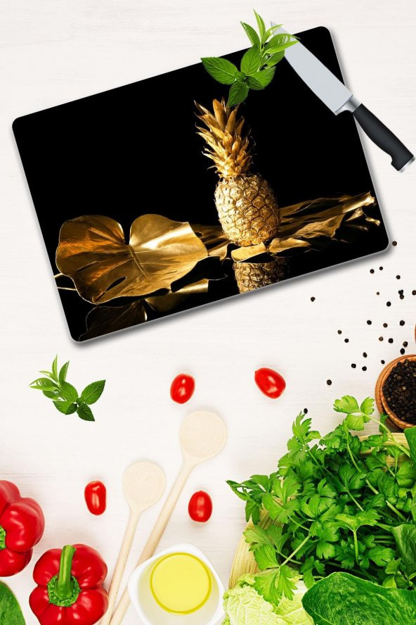 30x40 cm Altın Ananas Desenli Cam Kesim Tablası - Resim 2