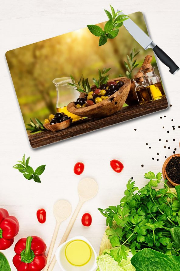 Zeytin Desenli Cam Kesme Tahtası| 30 Cm X 40 Cm - 2