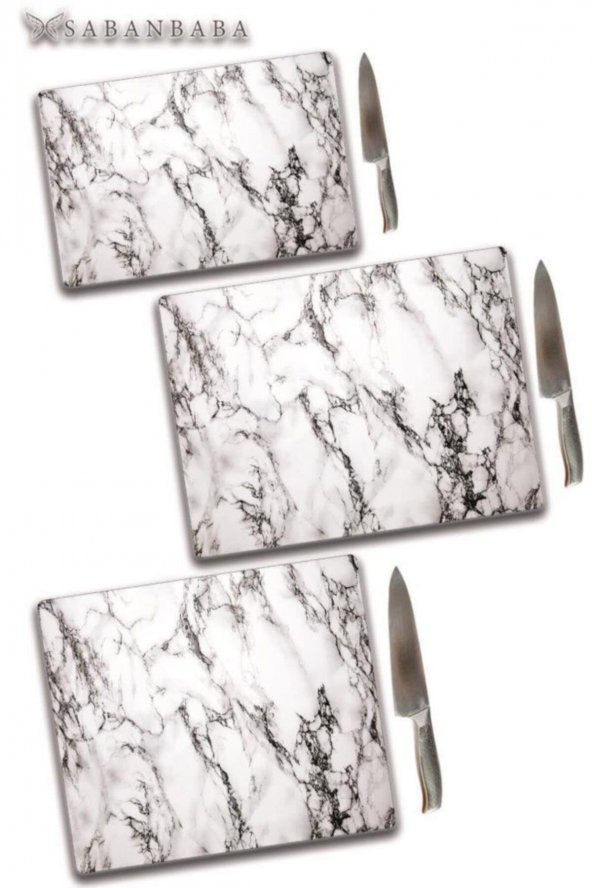 3lü Takım Beyaz Mermer Desenli | Cam Kesme Tahtası - Cam Kesme Tablası ürün görseli