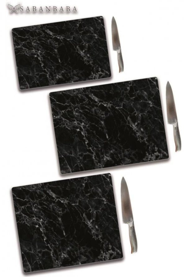 3lü Takım Siyah Mermer Desenli | Cam Kesme Tahtası - Cam Kesme Tablası ürün görseli