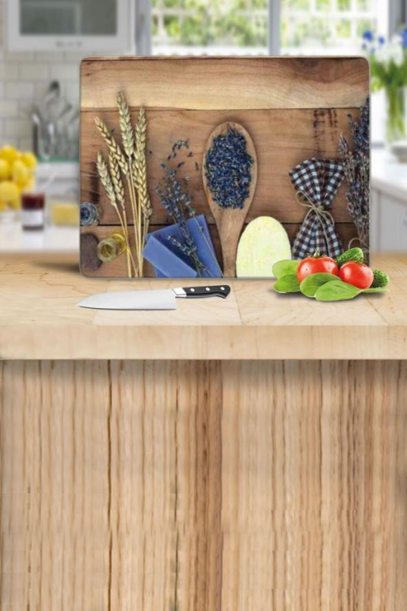 Dekoratif Cam Kesme Tahtası 30cm X 40cm Tohum Ve Tahta Kaşık