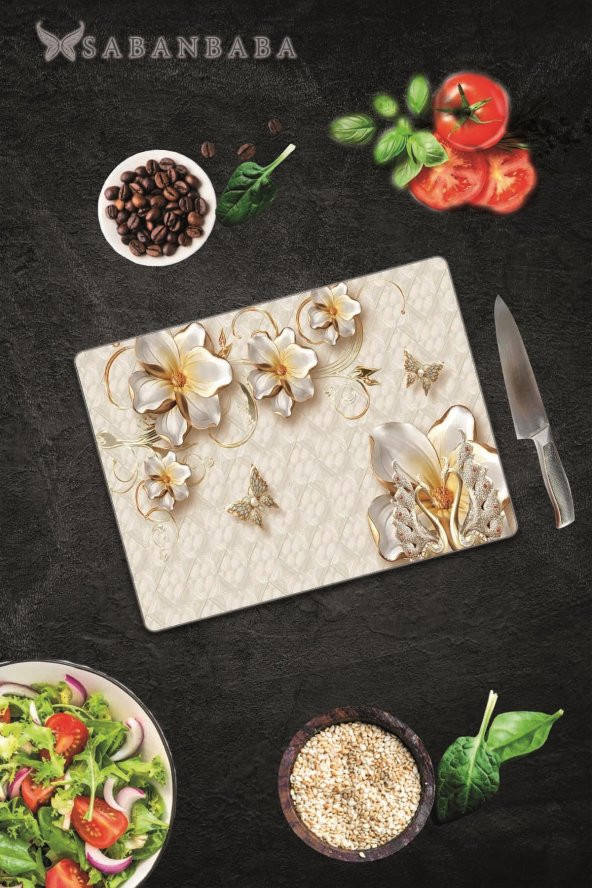 Altın Çiçek Cam Kesme Tahtası - Cam Kesme Tablası | 30 Cm X 40 Cm - 2