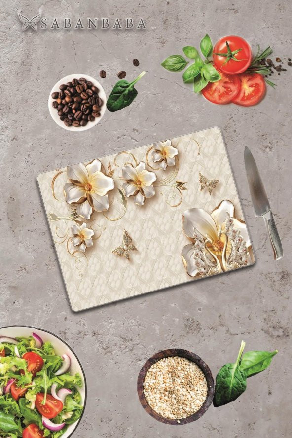 Altın Çiçek Cam Kesme Tahtası - Cam Kesme Tablası | 30 Cm X 40 Cm - 3