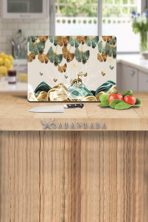 Altın Geyikler & Yapraklar   Cam Kesme Tahtası - Cam Kesme Tablası | 30 Cm X 40 Cm ürün görseli