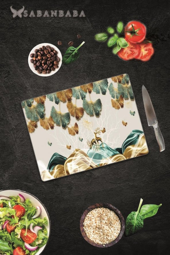Altın Geyikler & Yapraklar   Cam Kesme Tahtası - Cam Kesme Tablası | 30 Cm X 40 Cm - Resim 2