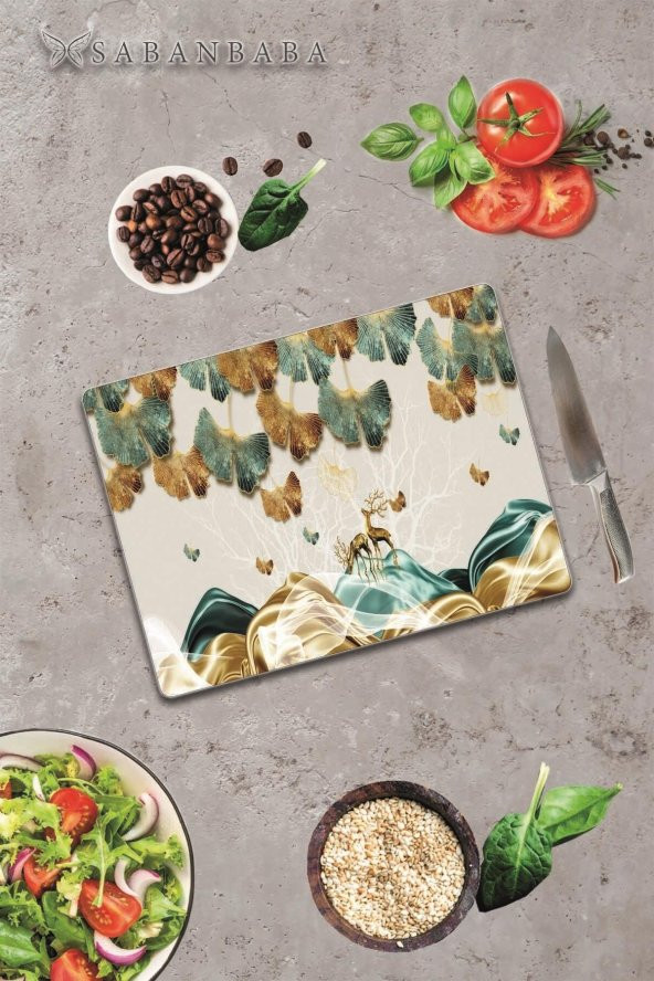 Altın Geyikler & Yapraklar   Cam Kesme Tahtası - Cam Kesme Tablası | 30 Cm X 40 Cm - Resim 3