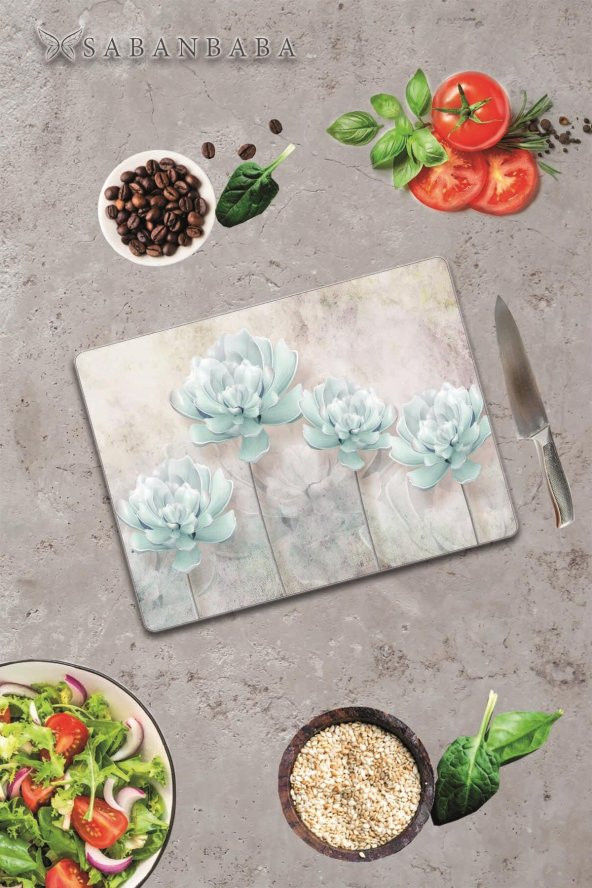 Mavi Çiçekler  Cam Kesme Tahtası - Cam Kesme Tablası | 30 Cm X 40 Cm - 3