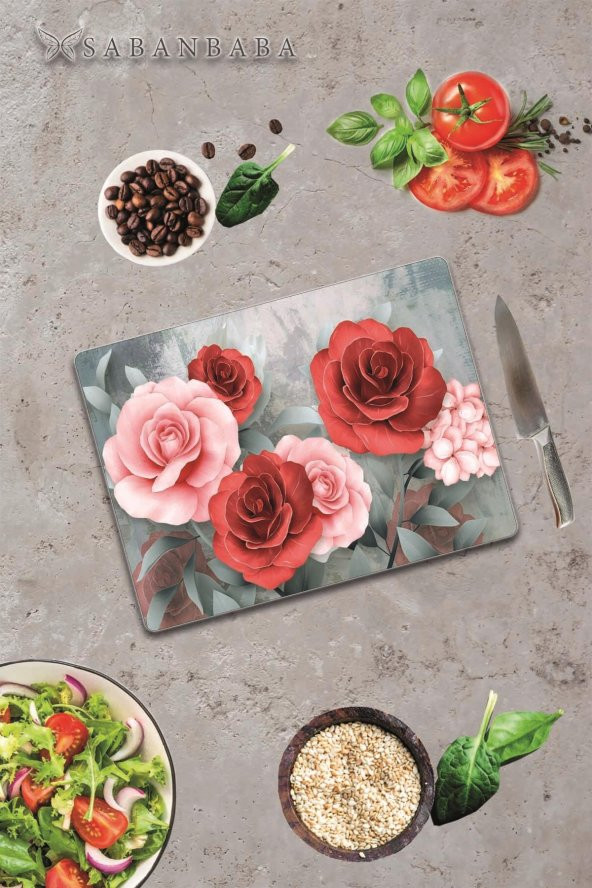 Kırmızı & Pembe Gül Cam Kesme Tahtası - Cam Kesme Tablası | 30 Cm X 40 Cm - 2