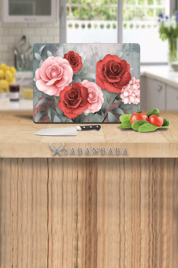 Kırmızı & Pembe Gül Cam Kesme Tahtası - Cam Kesme Tablası | 30 Cm X 40 Cm - 3