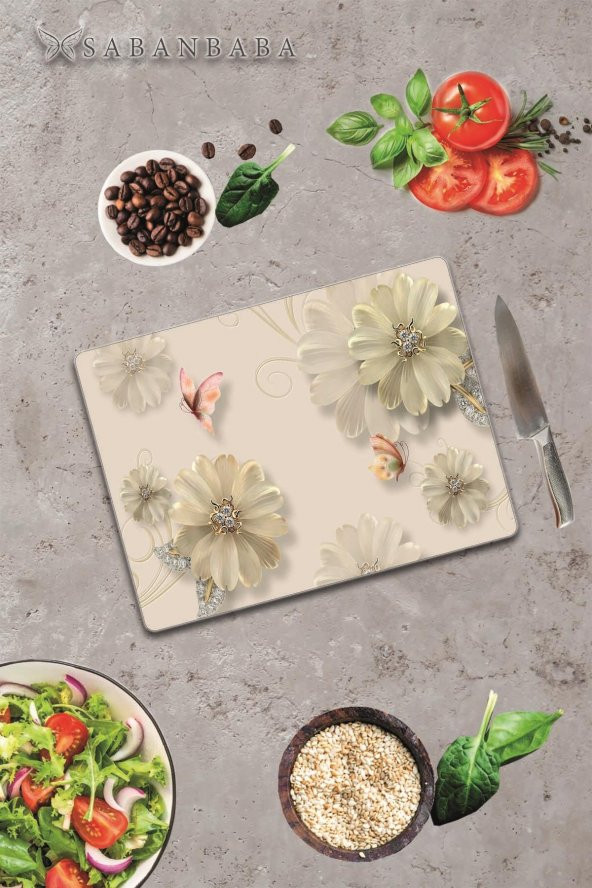 Kelebek &  Çiçekler Cam Kesme Tahtası - Cam Kesme Tablası | 30 Cm X 40 Cm - 2