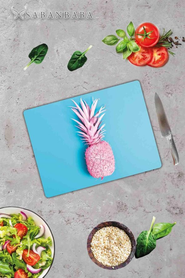 Mavi Ananas Desenli Cam Kesme Tahtası - Cam Kesme Tablası | 30 Cm X 40 Cm - Resim 2
