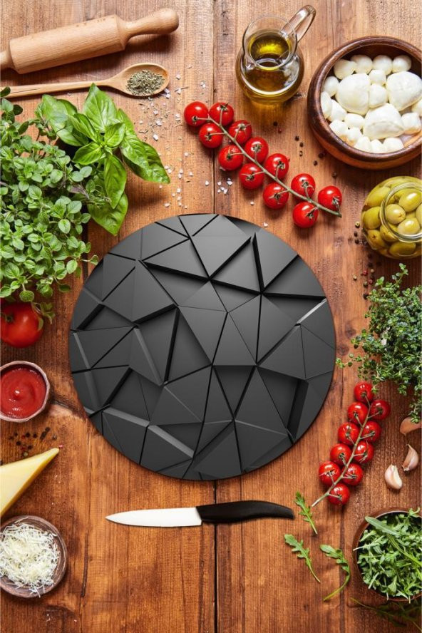 Siyah Üçgen Desenli Cam Kesme Tahtası - Cam Kesme Tablası - Sunum Tabağı| Çap 32 Cm ürün görseli